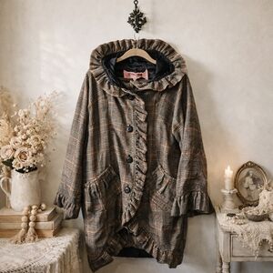 Anthropologie Knitted Dove Plaid Ruffle Coat Size M Wool Blend Oversized